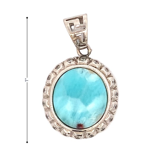 Sterling Silver Faceted Larimar Oval Pendant: Elegant sterling silver pendant showcasing a faceted oval Larimar gemstone with natural ocean-blue and white marbling. The bezel features a detailed border with geometric cutout bail, adding a refined