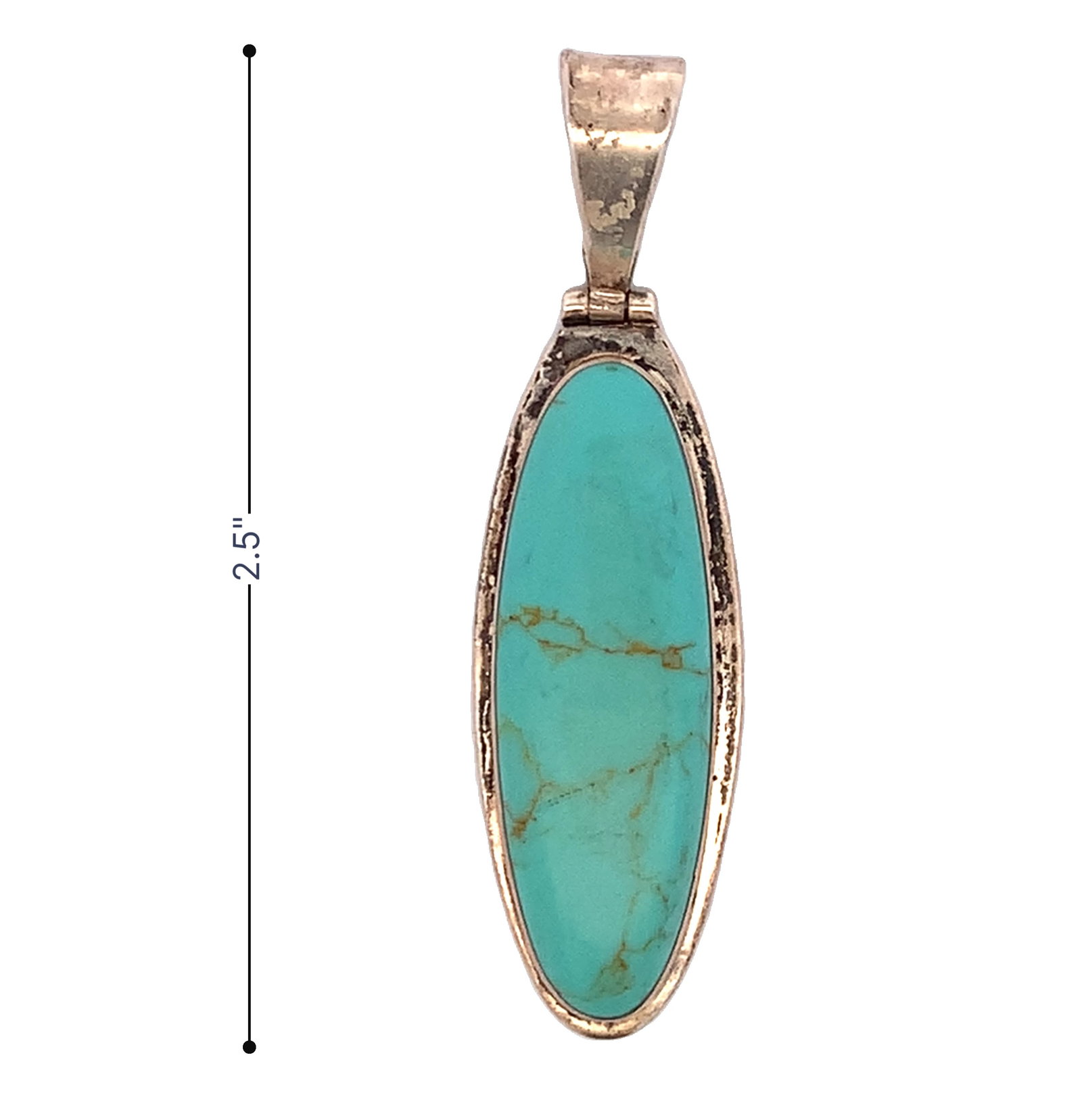 Mexican Sterling Silver Elongated Turquoise Pendant: Elegant Mexican sterling silver pendant featuring an elongated oval turquoise cabochon with fine natural matrix veining. Smooth bezel setting with hinged bail for graceful movement. Marked ATI 925 Mex