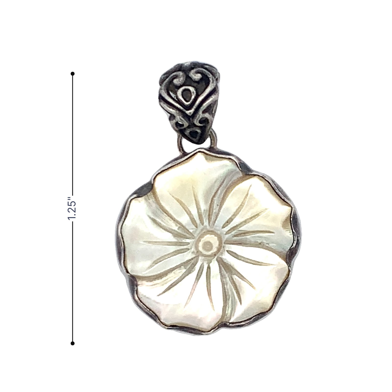 sterling silver pendant with a carved mother-of-pearl flow: sterling silver pendant with a carved mother-of-pearl flowe