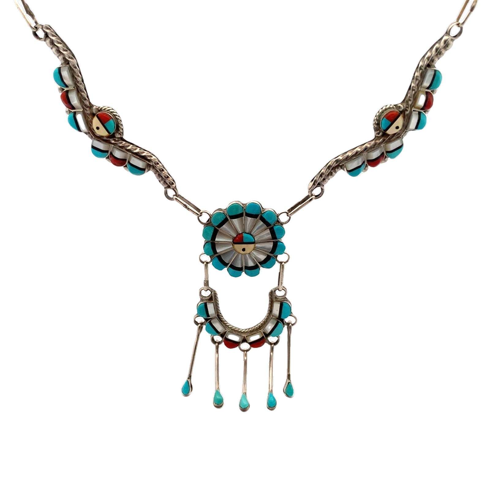 Zuni Sterling Silver Sunface Inlay Necklace, 33g, 11” Drop (1 of 4)