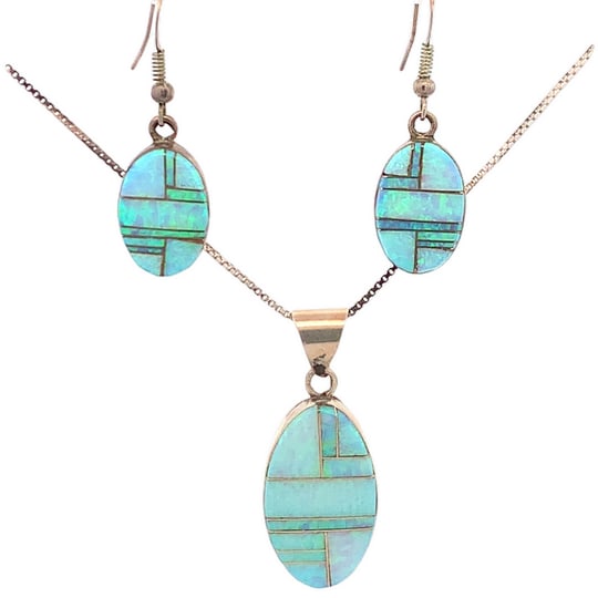 Sterling Silver Lab Opal Inlay Pendant Necklace & Dangle Earrings Set, 12.7g (1 of 7)