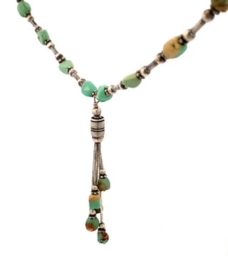 Sterling Silver & Turquoise Beaded Necklace with Heart Stamp, 18.6g, 21”: Beautiful handmade necklace featuring polished turquoise nuggets alternating with sterling silver beads. The piece measures approximately 21 inches in length and weighs 18.6 grams. The clasp or heart