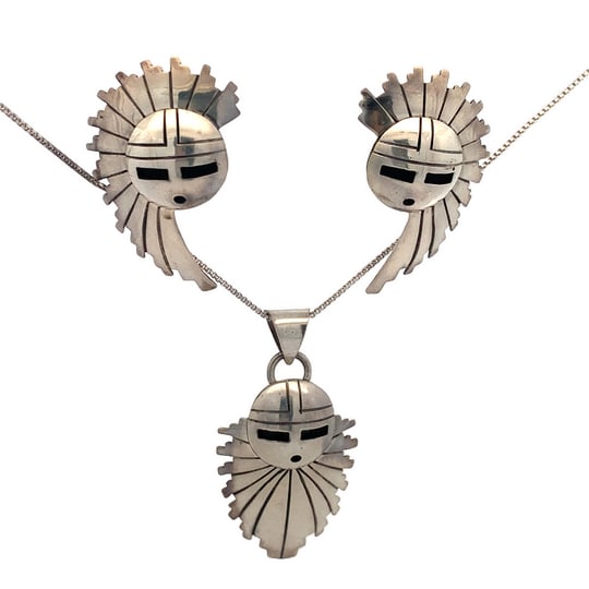 Sterling Silver Hopi Kachina Mask Necklace & Earring Set, 16.2g, 18” Chain (1 of 8)