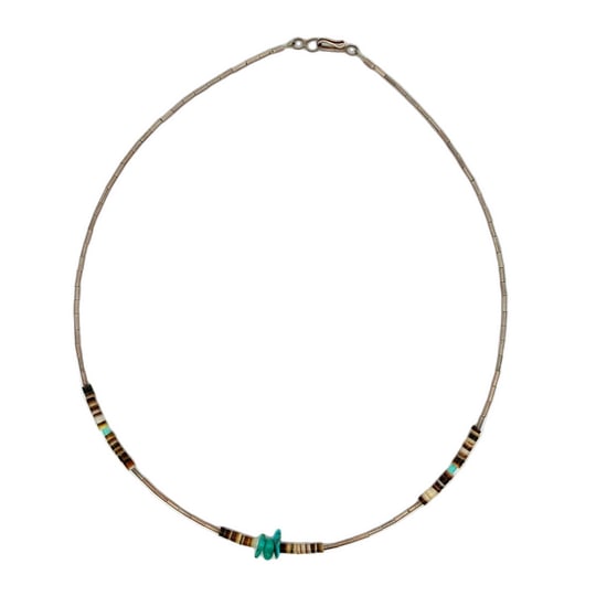 Southwestern 16” Heishi Shell, Turquoise & Sterling Silver Bead Necklace: Handcrafted Pueblo-style necklace featuring natural turquoise nuggets and shell heishi beads accented with sterling silver tube beads. The combination of earthy tones and silver gives this piece a war