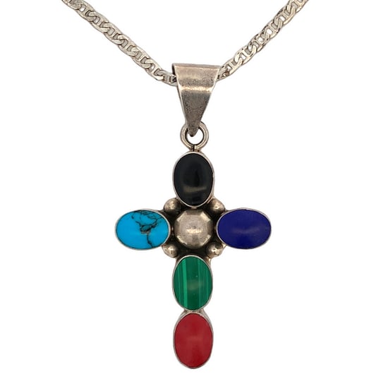 Sterling Silver Gemstone Cross Necklace, 26.3g, 22” (1 of 6)