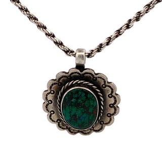 Vintage Sterling Silver & Green Turquoise Pendant Necklace, 20.6g, 20”: Handcrafted sterling silver pendant necklace featuring an oval green turquoise cabochon set in a twisted rope bezel and framed by a scalloped, stamped border. The pendant hangs from a sturdy 20-inch s