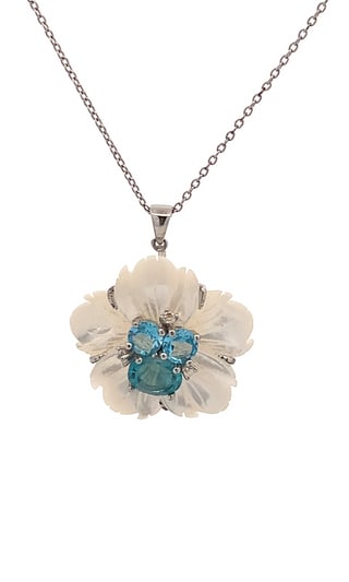 Sterling Silver Carved Quartz Flower Pendant Necklace with Blue Topaz, 18”, 6.5g (1 of 4)