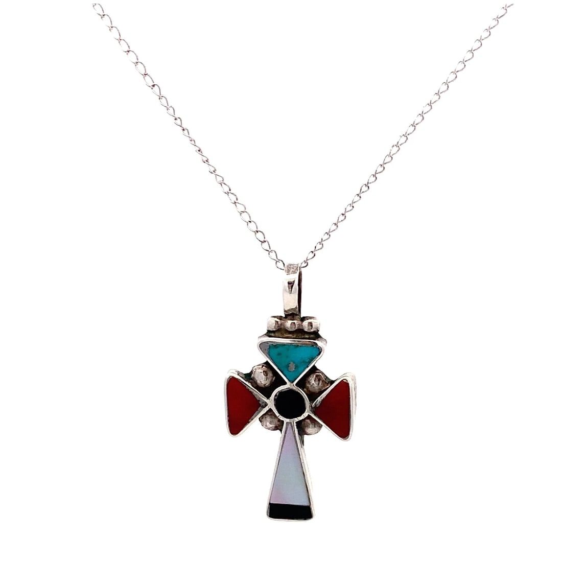 Zuni multi-stone inlay and sterling silver cross pendant (1 of 4)