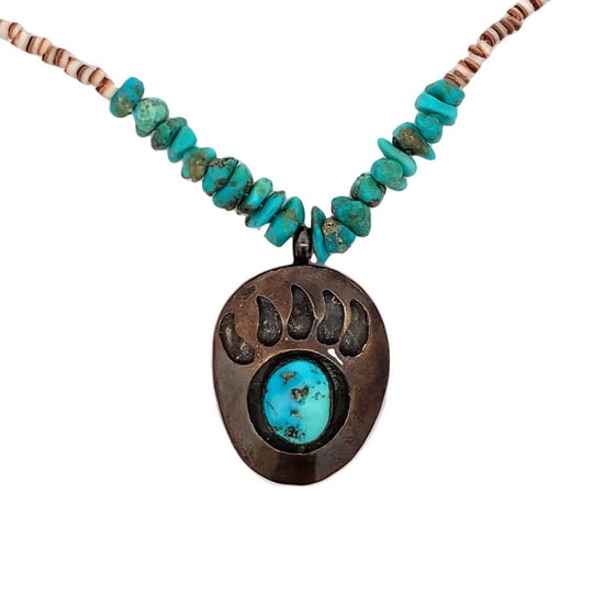 Vintage Navajo Sterling Silver Bear Paw Pendant Necklace with Turquoise, 18”, 17g (1 of 4)
