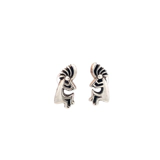 Vintage Mexican Sterling Silver Kokopelli Clip-On Earrings, 28g: Pair of vintage Mexican sterling silver clip-on earrings featuring Kokopelli figures with black inlay detail. Marked “Mexico Silver” with indistinct maker’s mark. Measure 1” × 1&rdquo