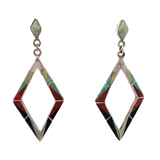 Vintage Zuni Sterling Silver Inlay Dangle Earrings, Turquoise Coral Onyx MOP, 2”, 5.9g (1 of 4)