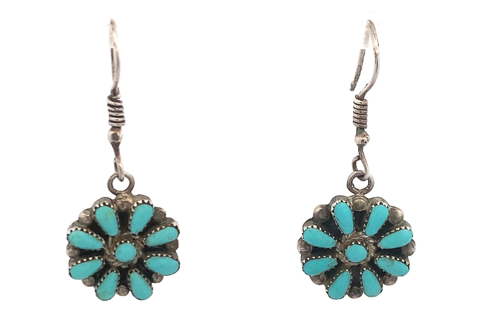 Navajo turquoise cluster dangle earrings: 6.4 grNo stamp TQFlower is 7 mm