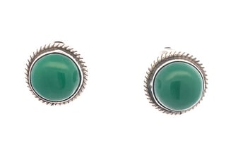 Vintage Mexican Sterling Silver Green Onyx Earrings, Marked Silver Mex., 12g: Pair of vintage Mexican sterling silver earrings with green onyx cabochons in rope-edge settings. Marked Silver Mex. Measure approx. ¾” diameter, total weight 12 grams.