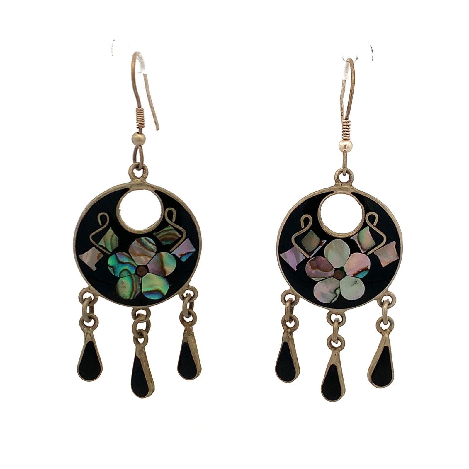 Vintage Alpaca Mexico onyx and mother of pearl inlay dangle earrings: vintage Alpaca Mexico onyx and mother of pearl inlay dangle earringsAlpaca Mexico 925’’stamp