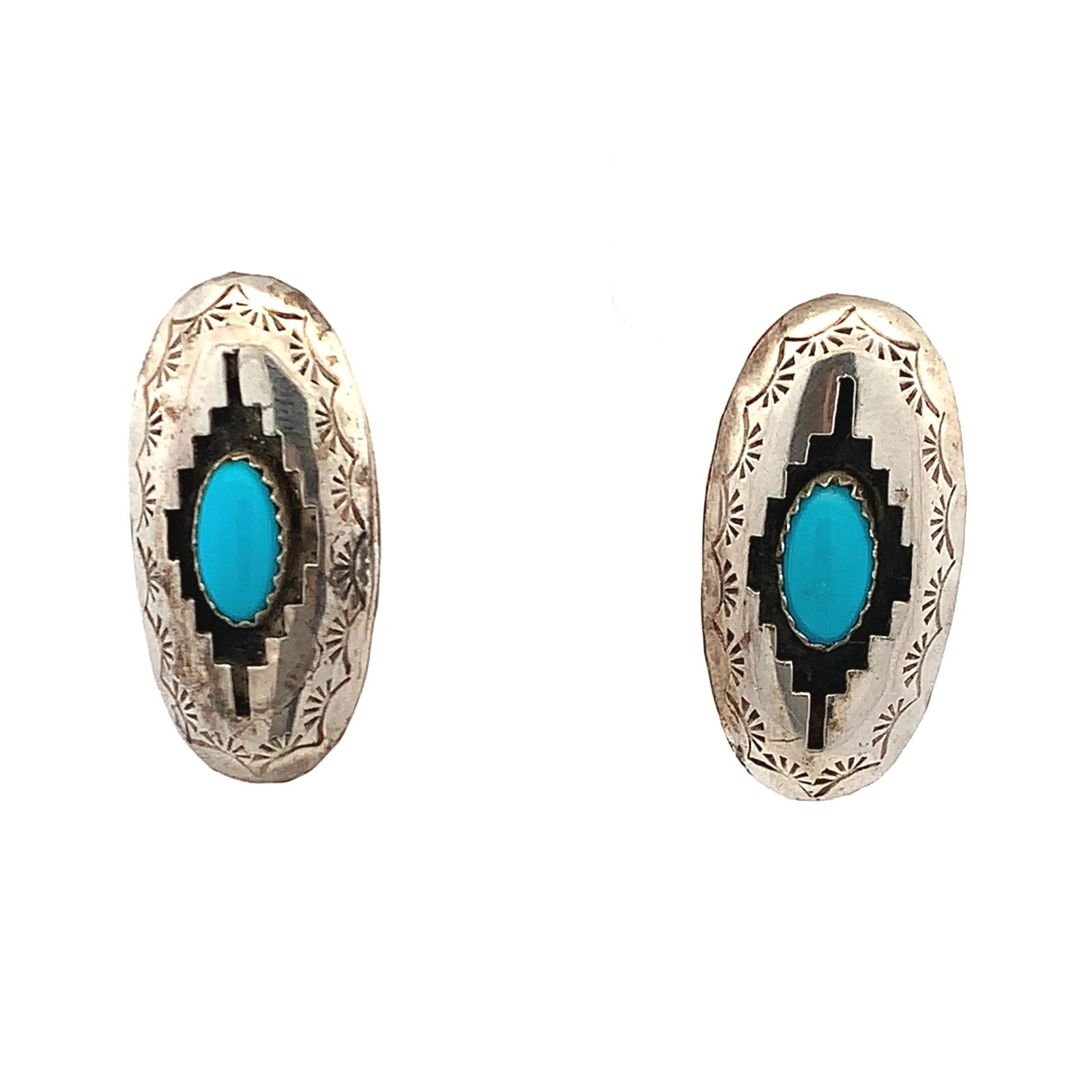 Vtg Native American Navaho Sterling & Turquoise Shadow Box Post Earrings Signed (1 of 3)