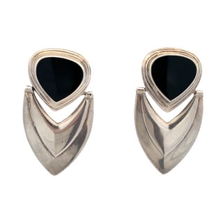 Sterling Silver & Onyx Drop Earrings, Marked 925 NF, 12g, Modernist Design (1 of 4)
