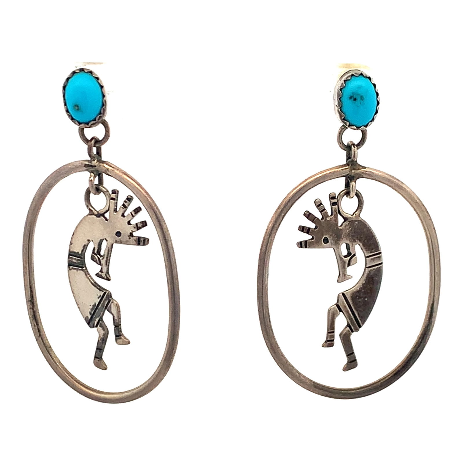 Native American sterling silver Kokopelli dangle earrings with turquoise.: Native American sterling silver Kokopelli dangle earrings with turquoise. 7 gr sterling