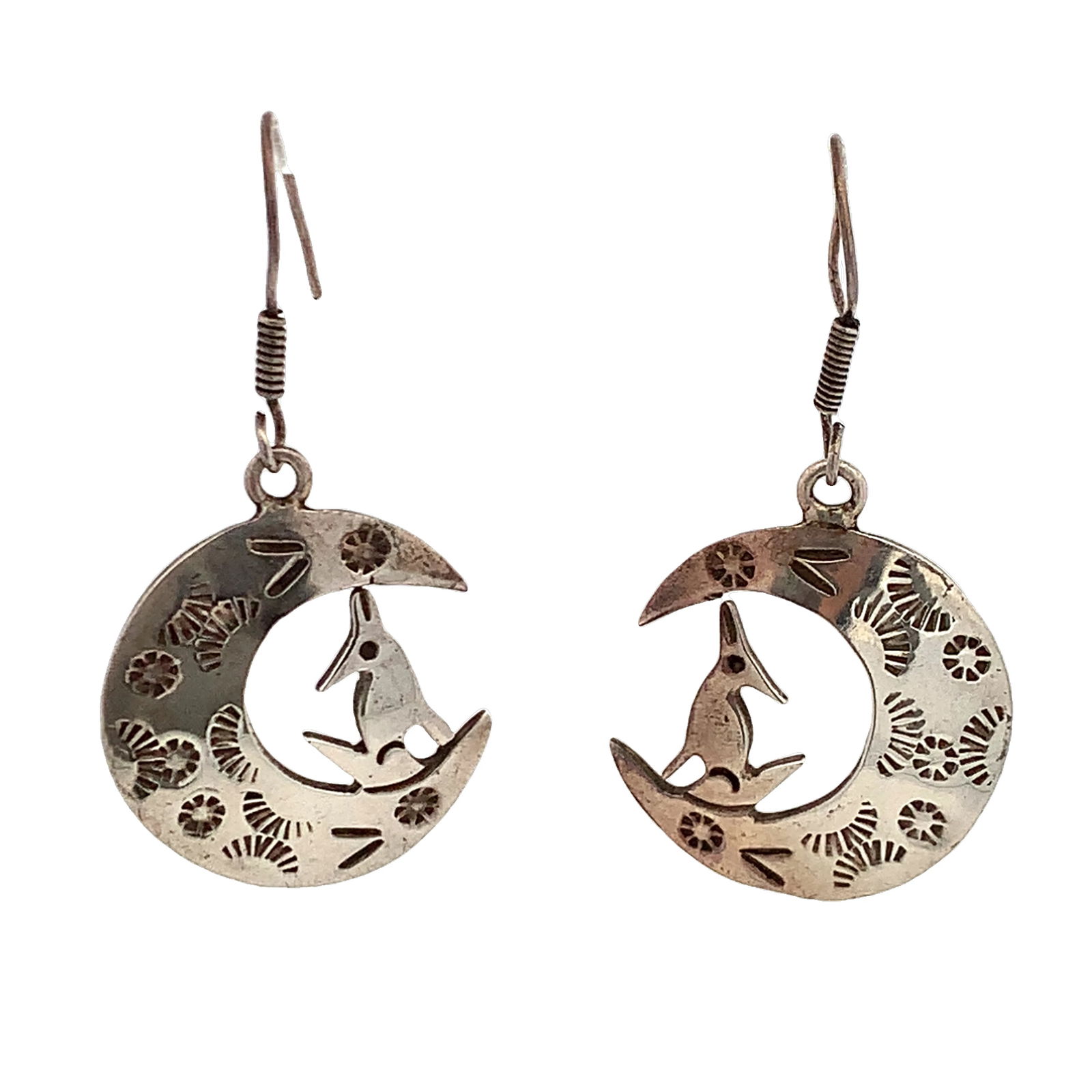 Vintage Southwestern Sterling Silver 925 Mexico Coyote Moon Star Dangle Earrings (1 of 3)