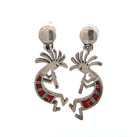 Vintage Sterling Silver Kokopelli Earrings with Coral & Lab Opal Inlay, 7.2g – No Backs: Pair of handcrafted sterling silver Kokopelli earrings featuring vibrant inlay work of red coral and lab-created opal. The design depicts the traditional flute player symbol associated with fertility