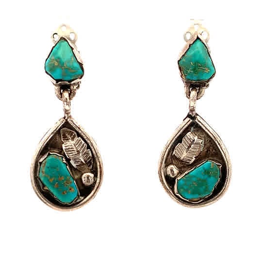 Vintage Sterling Silver Turquoise Leaf Motif Clip-On Earrings, 10g, Stamped “ML” (1 of 3)