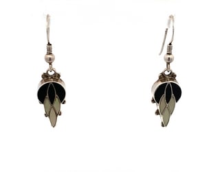 Sterling Silver Onyx & Mother of Pearl Inlay Drop Earrings, 3.4g, Stamped 925 FSH (1 of 3)