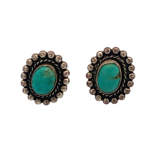 Vintage Turquoise Oval Stud Earrings, 3.8g, Unmarked, 0.5”: Classic vintage turquoise oval stud earrings set in silver-tone bezels surrounded by a twisted rope and beaded border design. Each measures approximately 0.5 inch tall with a total weight of 3.8 grams