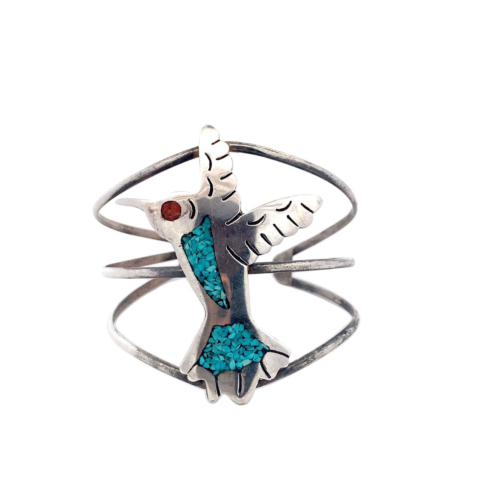 Vintage Native American Navajo sterling silver cuff bracelet: vintage Native American Navajo sterling silver cuff bracelet with a hummingbird design, featuring chip-inlaid turquoise and coral stones