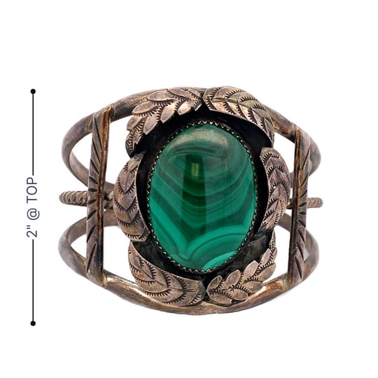 Vintage Sterling Silver Malachite Leaf Motif Cuff Bracelet, 43g, Signed “K” (1 of 6)