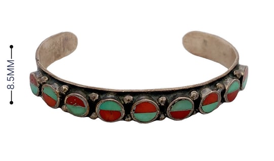 Vintage Zuni Sterling Silver Coral & Turquoise Inlay Cuff Bracelet, 19g, 8.5mm Wide (1 of 6)