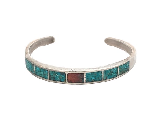 Vintage Navajo Sterling Silver Turquoise & Coral Inlay Cuff Bracelet, 17g (1 of 6)