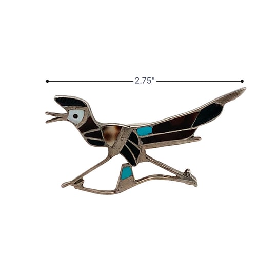 Vintage Zuni Style Sterling Silver Roadrunner Inlay Pin, Onyx, Turquoise, MOP & Tiger’s Eye, (1 of 2)
