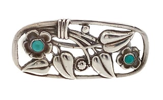Vintage Sterling Silver Floral Pin with Turquoise Cabochons, Handcrafted Openwork Design, 23g (1 of 3)