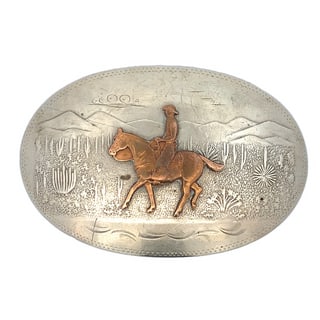 Vintage Irvine & Jachens Inc. German Silver Belt Buckle, Horse & Rider Relief, 4” x 2.5” (1 of 3)
