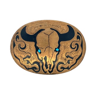 Bronco Buckles Hand Engraved Western Belt Buckle with Bison Skull & Turquoise Inlay, Made in USA, 3. (1 of 4)