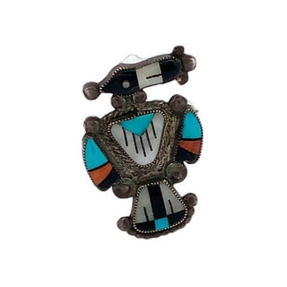 Vintage Zuni Sterling Silver Sunface Inlay Pin with Turquoise, Coral, Jet & Mother of Pearl, 7.4g: Charming vintage Zuni Sunface pin, handcrafted in sterling silver and inlaid with turquoise, coral, jet, and mother of pearl. This symbol represents harmony, balance, and the life-giving energy of the