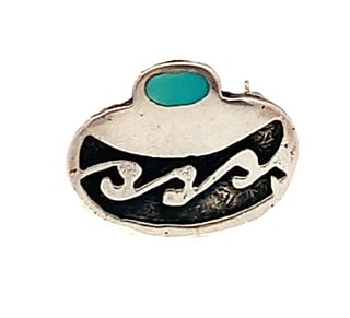 Vintage Sterling Silver Brooch with Turquoise Cabochon and Stylized Wave Motif, 5.6g (1 of 4)