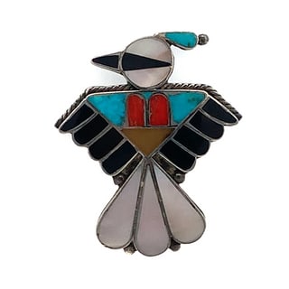 Vintage Zuni Thunderbird Brooch in Sterling Silver with Multi-Stone Inlay, 12.4g (1 of 4)