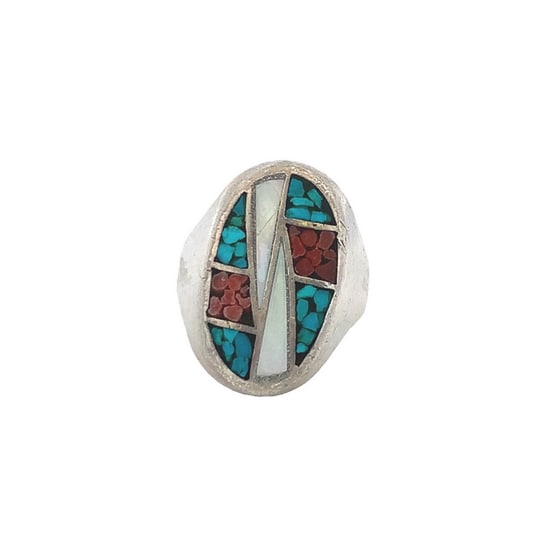 Vintage Sterling Silver Inlay Ring with Crushed Turquoise, Coral, and Mother of Pearl, Size 9.5, 12 (1 of 5)