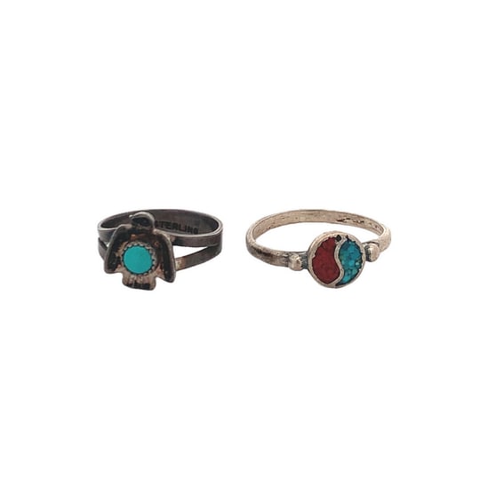 Pair of Vintage Sterling Silver Rings with Turquoise and Coral Inlay, Sizes 3.5 & 6.75, 3g Total: Lovely pair of vintage sterling silver rings, each featuring traditional Southwestern turquoise and coral inlay designs. One ring showcases a 4mm round turquoise stone in a stylized bird motif, while