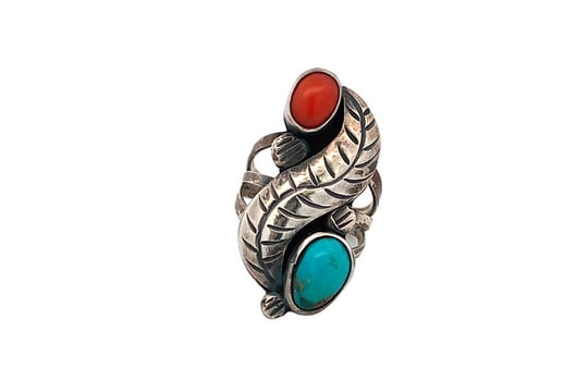 Turquoise and Coral Leaf Ring, 6.6g, 1” Top (1 of 4)