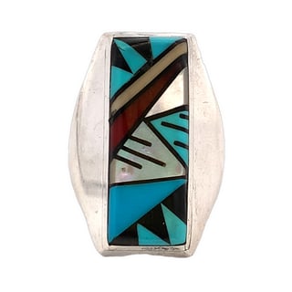 Sterling Silver Inlay Ring, MOP, Turquoise, Onyx & Coral, Size 10 (1 of 4)