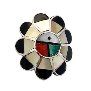 Vintage Zuni-Style MOP, Coral & Onyx Inlay Ring, Size 6.75: Floral inlay ring featuring mother of pearl, coral, and onyx in silver-tone setting. No stamps.•6g, 1” top, 2.3mm shank
