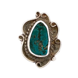 Vintage Polished Rough Turquoise Ring, Size 6: Silver-tone ring with polished rough turquoise in ornate bezel setting. No stamps.•6.8g, 4mm shank