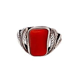 Sterling Silver Coral Feather Ring, “TM” Stamp, Size 8.75: Rectangular 12mm coral cabochon set in sterling with feather motifs on each side. Marked “Sterling” and “TM.”•10.2g, 3mm shank