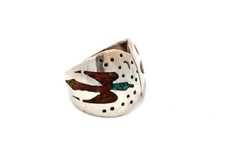 Sterling Silver Coral & Turquoise Inlay Bird Ring, “JTS” Stamp, Size 11 (1 of 5)
