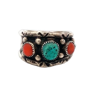 Vintage Coral & Turquoise Wide Band Ring, 15mm, 10g: Vintage wide band ring featuring one turquoise and two coral cabochons in sawtooth bezels. Handcrafted design with stamped star details and darkened patina. Unmarked but silver tested. Measures 15mm w