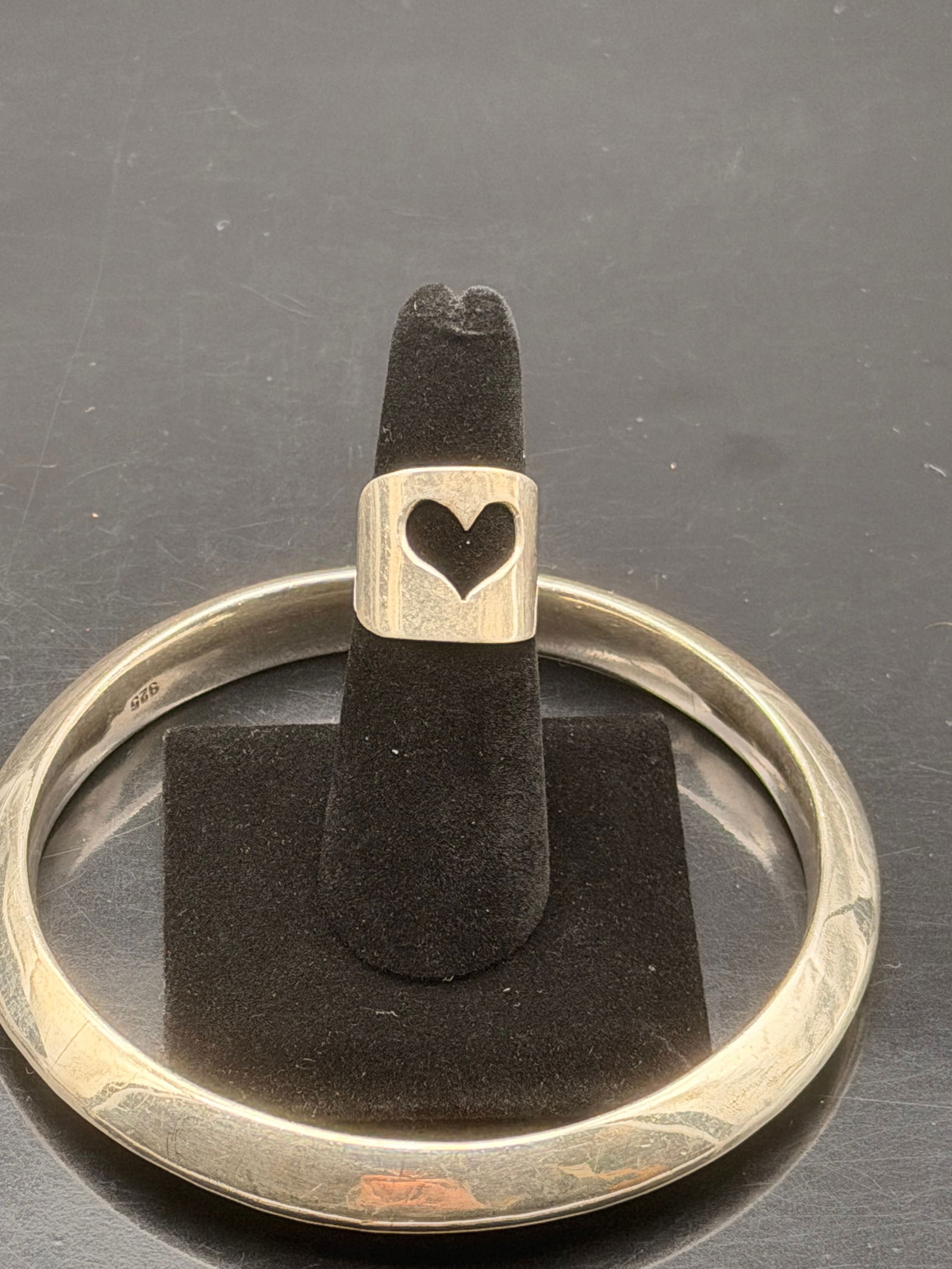 Sterling Silver 925 Bangle Bracelet & Heart Cutout Wide Ring – 49g Lot (1 of 9)