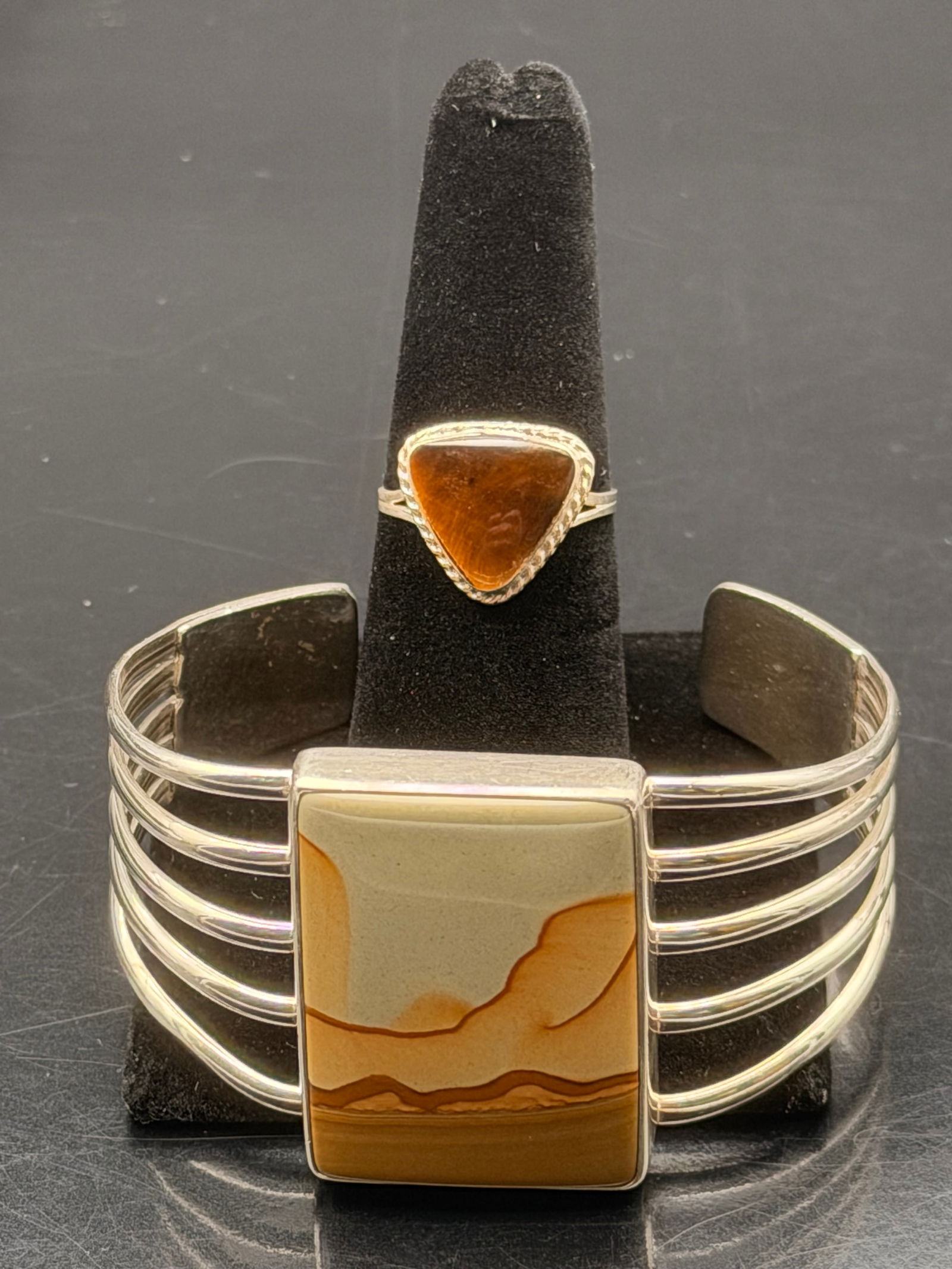 Mexico 925 Sterling Silver Picture Jasper Cuff Bracelet & Tiger’s Eye Ring – 42g (1 of 9)