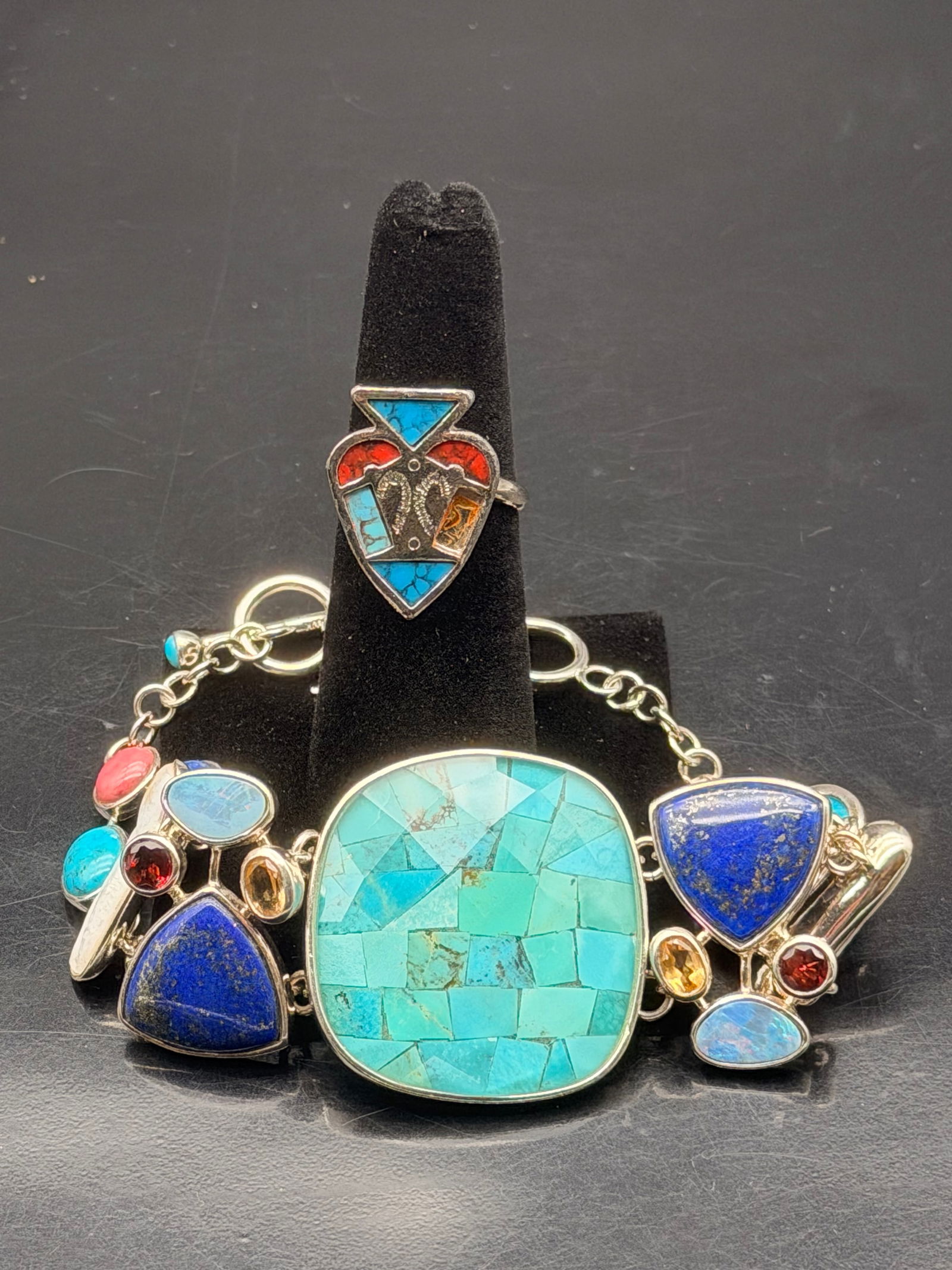 Sterling Silver 925 Multi-Gemstone Bracelet & Inlay Shield Ring – 43g Southwestern Boho Set (1 of 11)