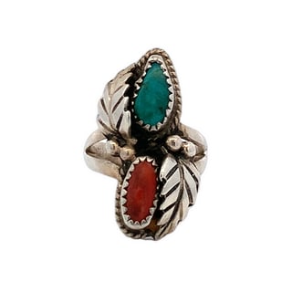 Stamped Sterling Silver Turquoise & Coral Feather Ring by “RJ” – 6g (1 of 6)